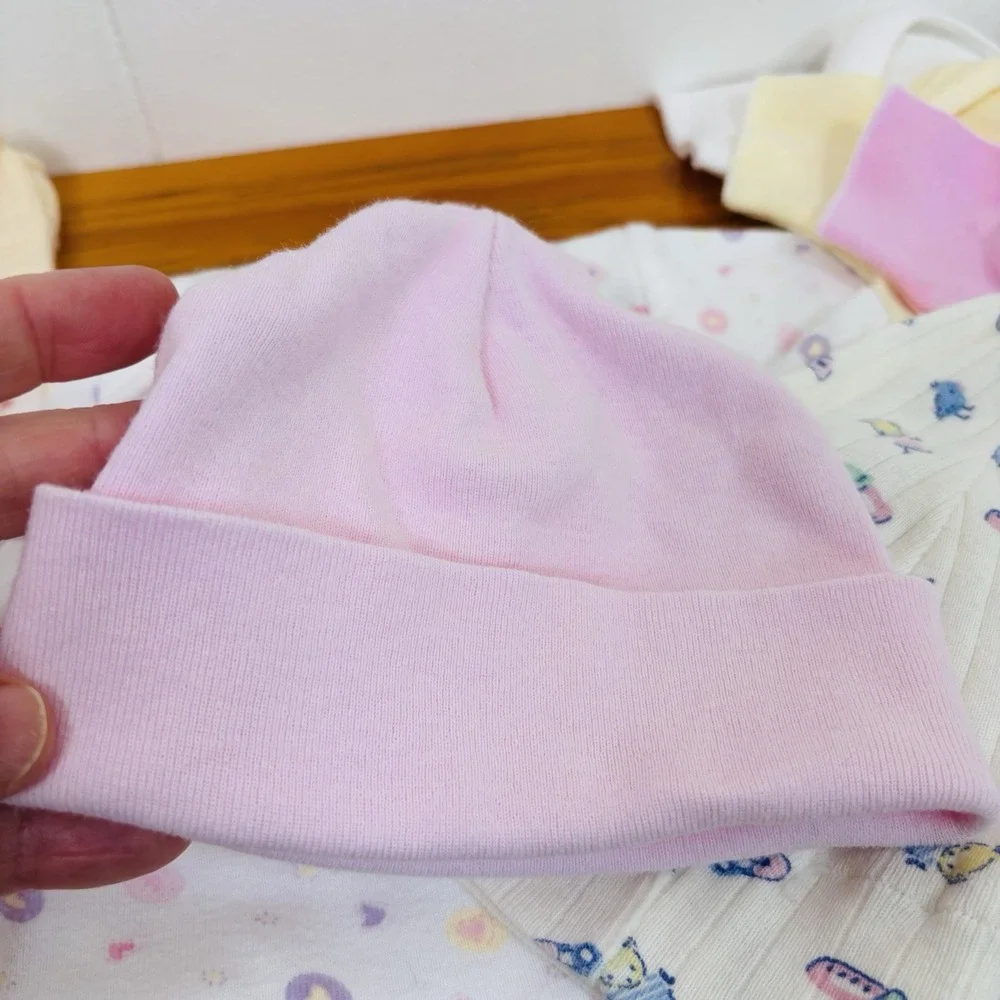 Newborn Infant Baby Girl Lot of 10pc 2 Pair Socks 1pc 2 Hats 3 Tees Pink Pastels
